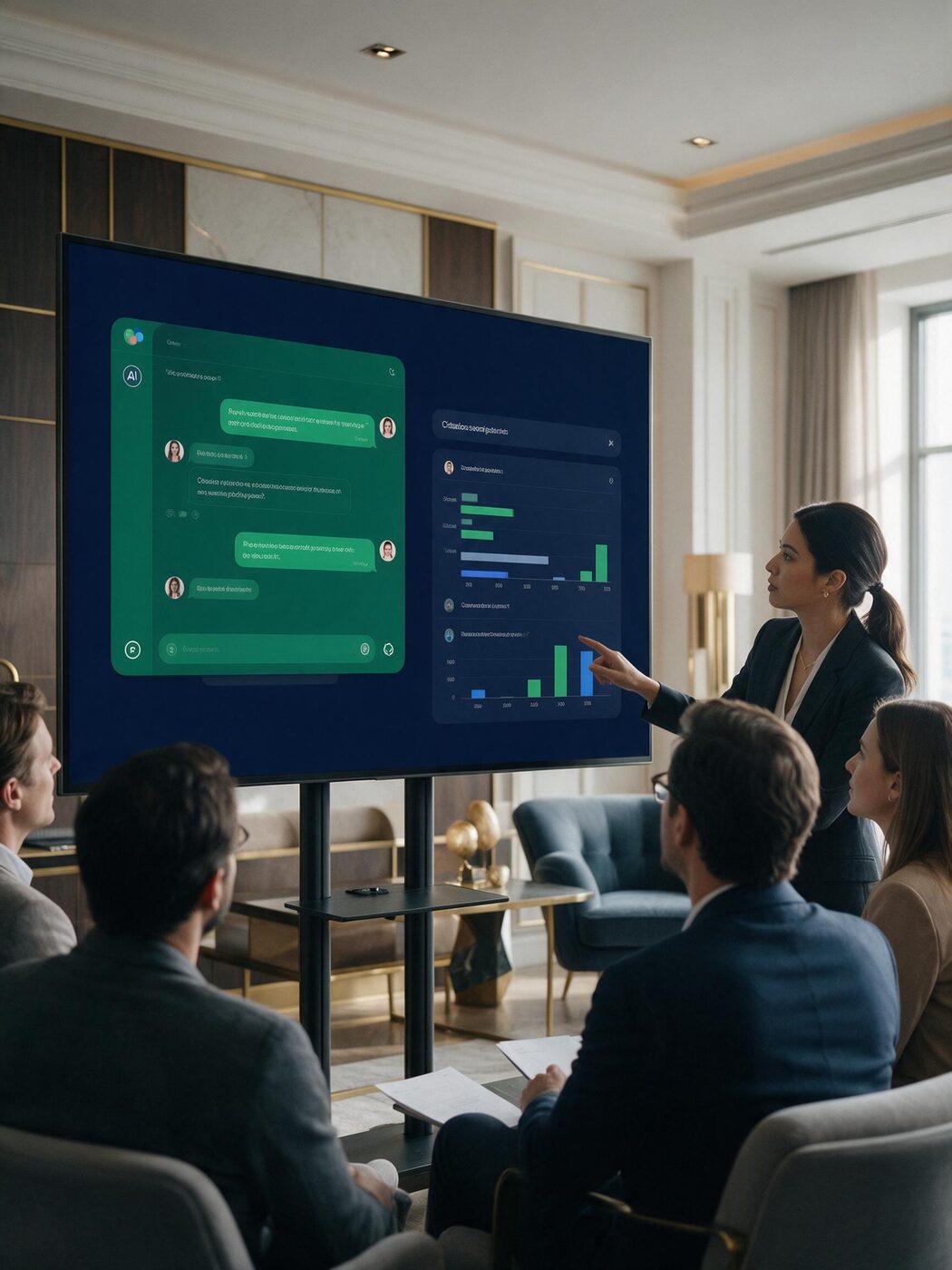 Strategists reviewing AI search visibility results on a large screen