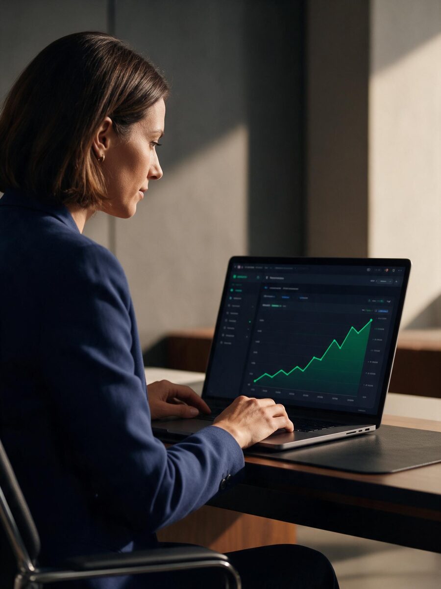 Marketing director reviewing ChatGPT and Perplexity visibility reports on a laptop