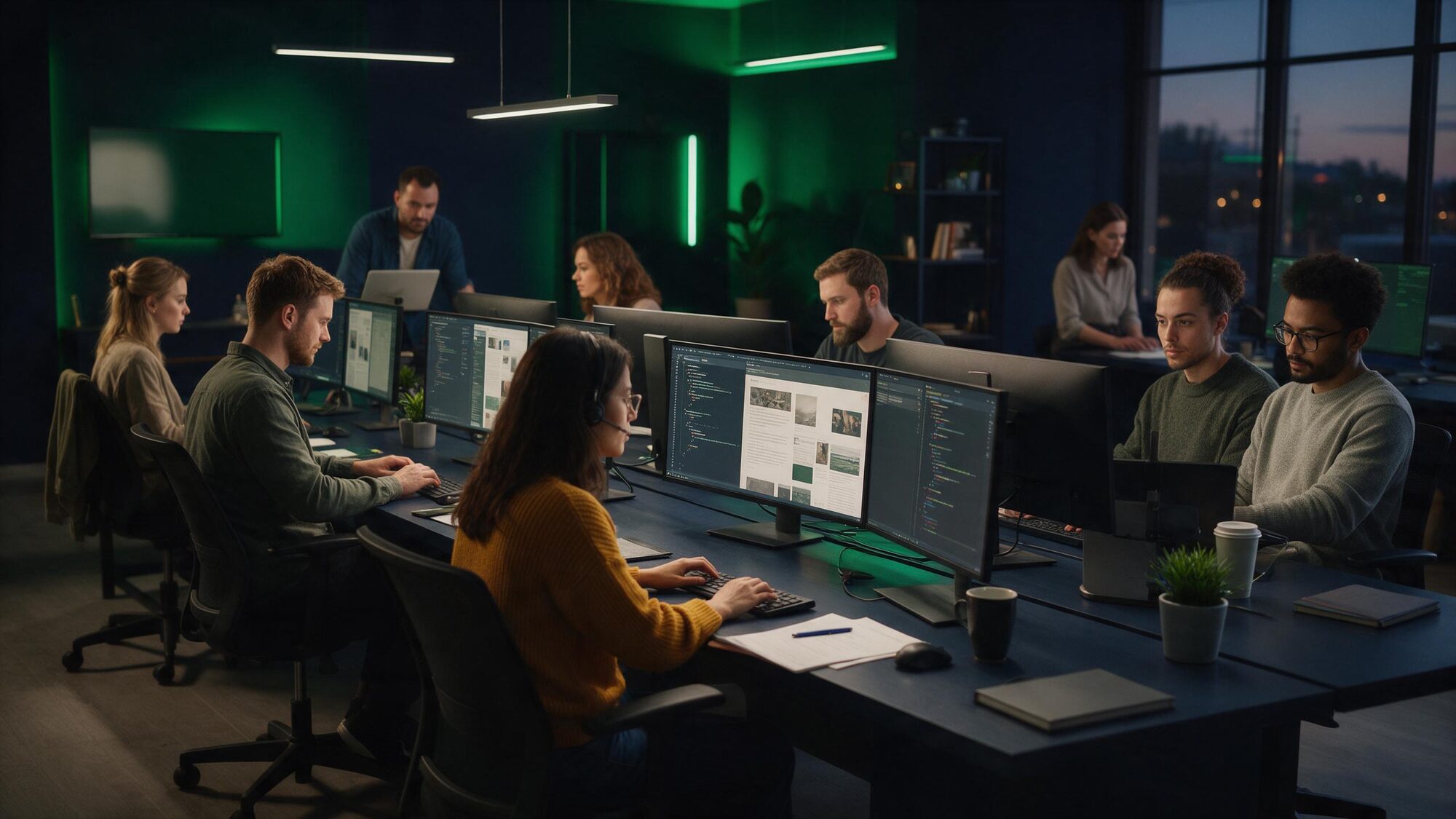 Content and development team shipping SEO fixes and pages on laptops